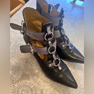 John Fluevog Black and Gray Leather Booties with Metallic Accents